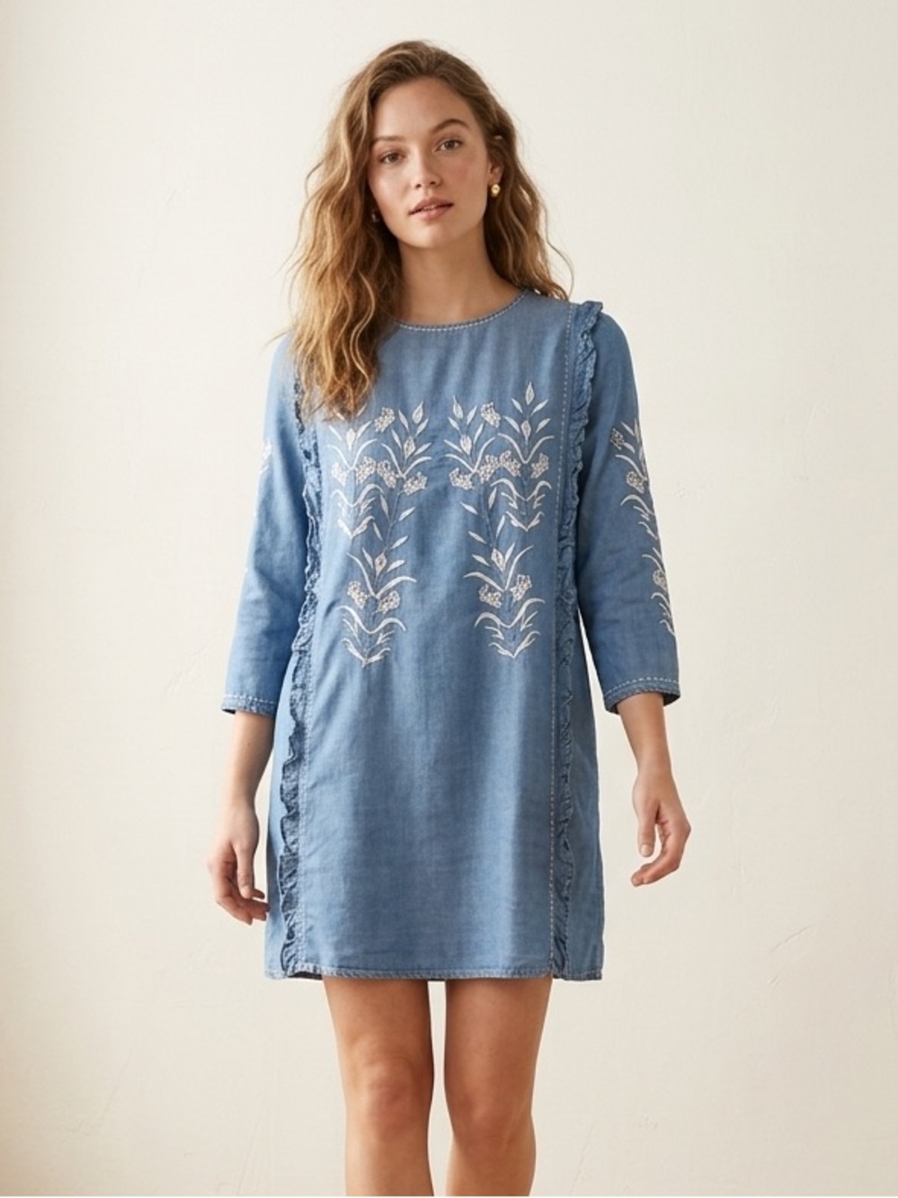 Goodnight Macaroon Amilia Chambray Embroidered Mini Dress Boho Blue Size S
